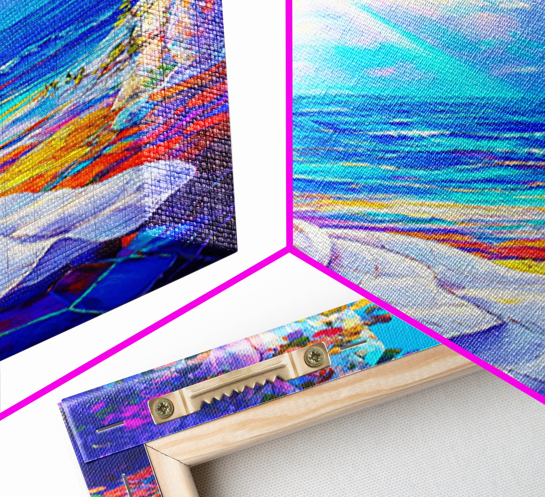 Sunlit Ocean Window And Draped Bed Framed Canvas Print, Coastal Wall Art, Beach House Decor, Romantic Seascape Bedroom Decor