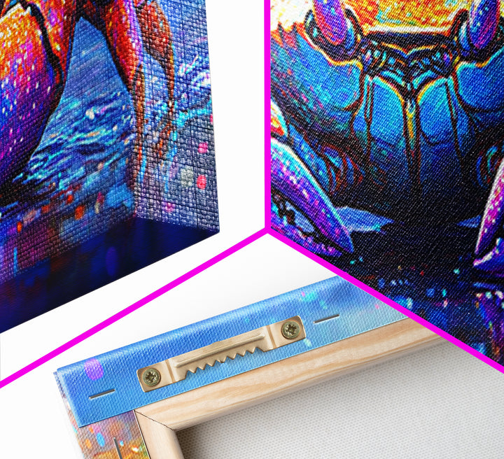 Vibrant Rainbow Crab On Wet Beach Wall Art, Coastal Ocean Animal Art, Colorful Beach House Decor, Nautical Canvas Print Art