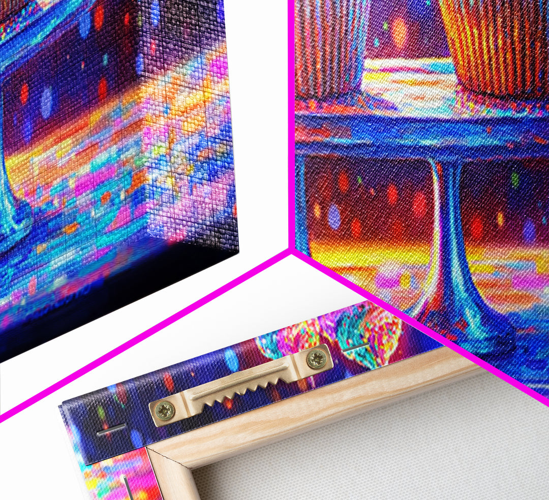 Rainbow Frosted Cupcakes On Glass Cake Stands Wall Art, Bakery Kitchen Decor, Dessert Art Print, Colorful Canvas Print Gift
