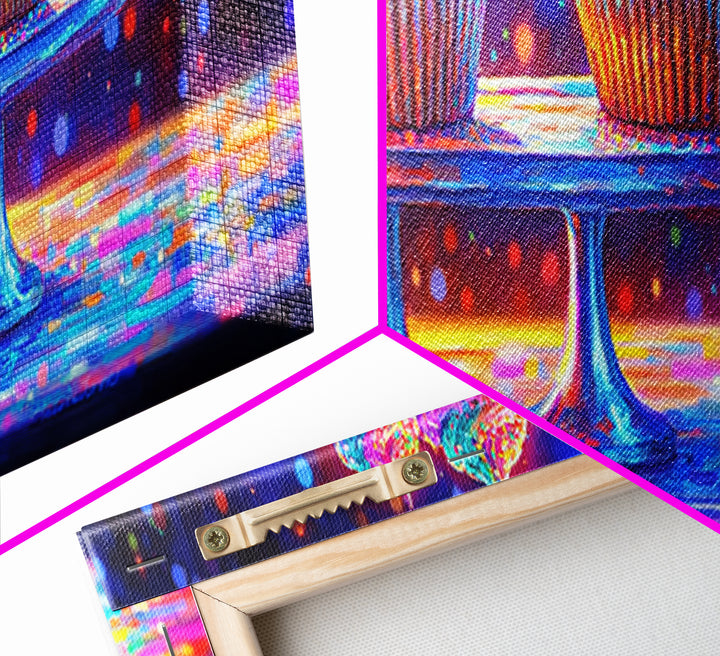 Rainbow Frosted Cupcakes On Glass Cake Stands Wall Art, Bakery Kitchen Decor, Dessert Art Print, Colorful Canvas Print Gift