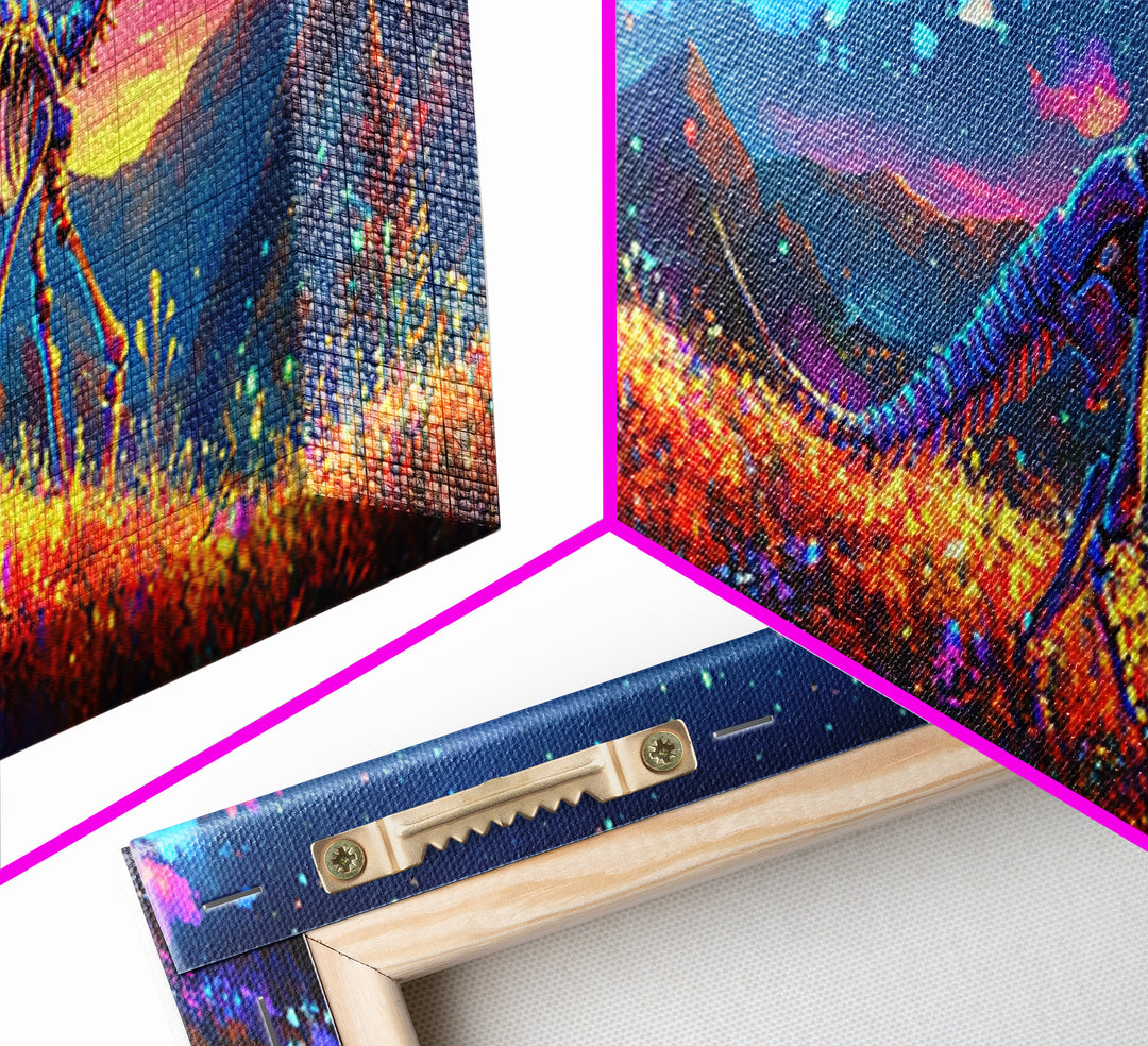 Glowing Dinosaur Skeleton In Mountain Meadow Canvas Print, Fantasy Wall Art, Landscape Art, Colorful Wall Decor, Kids Room Art