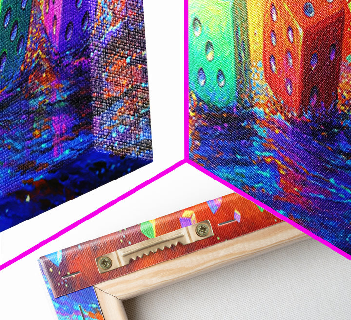 Row Of Rainbow Dice On Reflective Table Canvas Print, Game Room Wall Art, Colorful Wall Decor, Gamer Gift, Modern Wall Art
