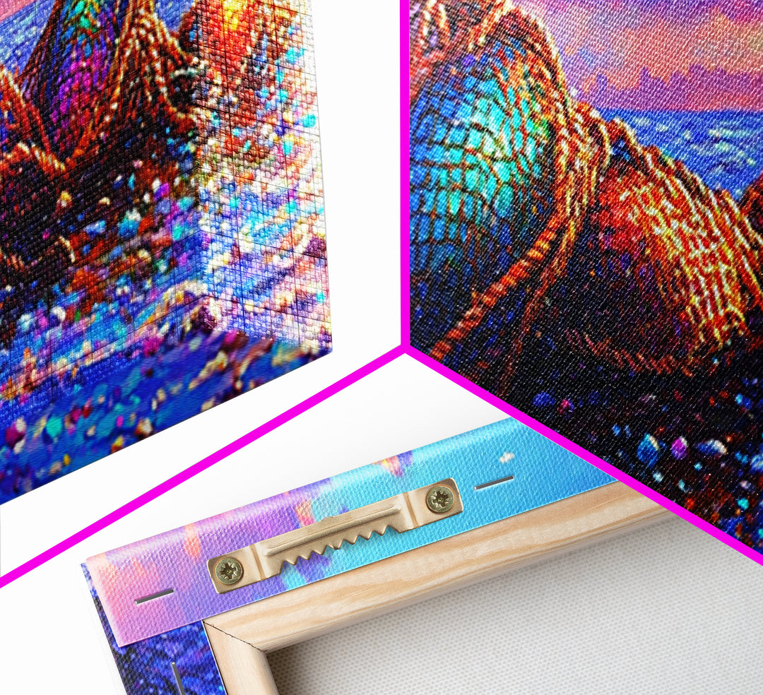 Rainbow Fishing Nets On Pebble Shore Framed Canvas Print, Coastal Wall Art, Beach House Decor, Nautical Living Room Decor