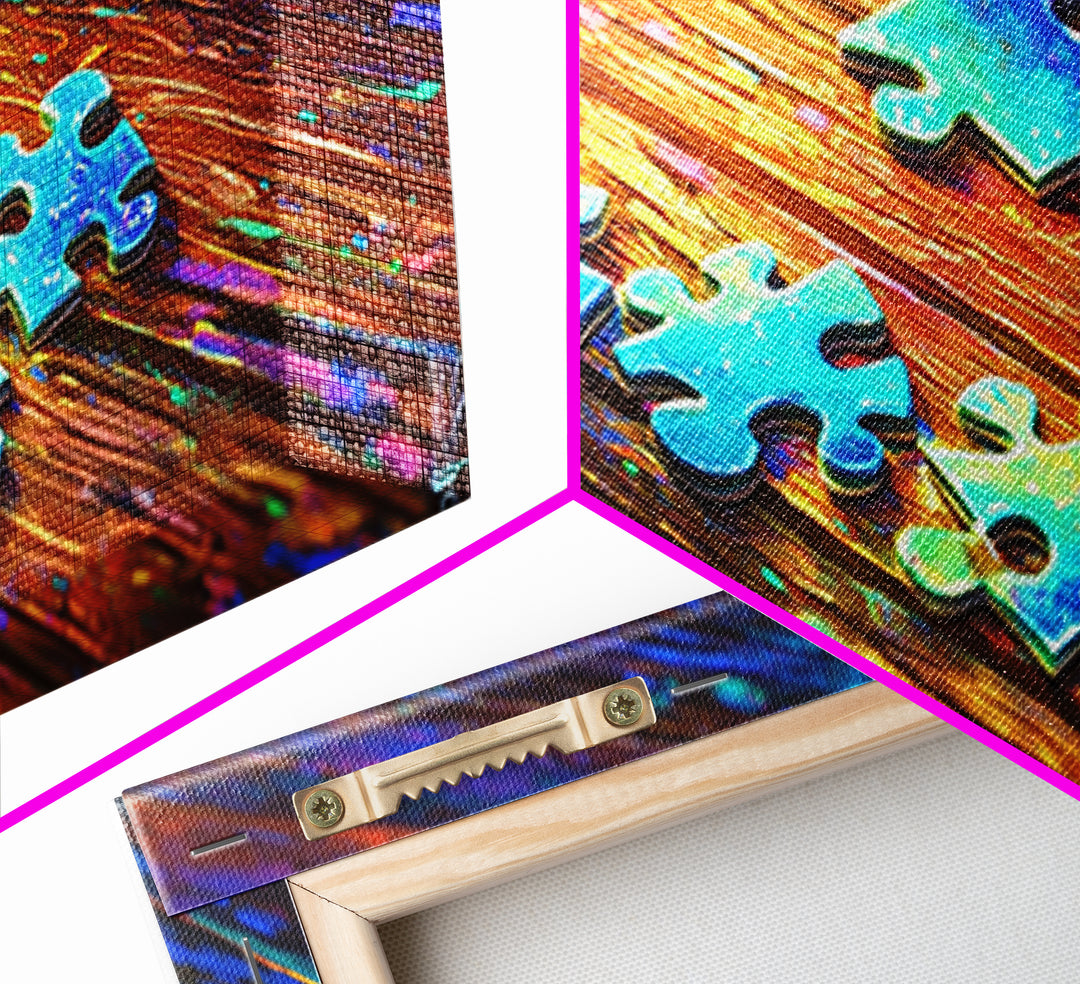 Rainbow Puzzle Pieces On Wood Table Canvas Print, Game Room Wall Art, Colorful Abstract Art, Playroom Decor, Unique Gift