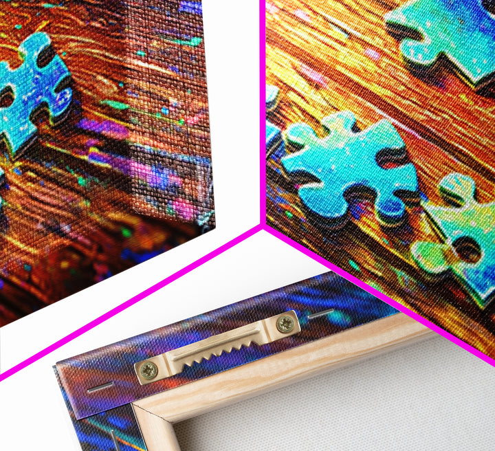 Rainbow Puzzle Pieces On Wood Table Canvas Print, Game Room Wall Art, Colorful Abstract Art, Playroom Decor, Unique Gift