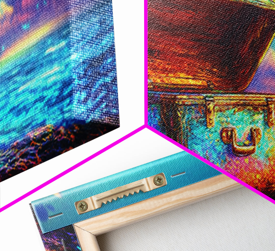 Open Treasure Chest On Neon Beach Canvas Print, Coastal Wall Art, Fantasy Ocean Decor, Beach House Decor, Housewarming Gift