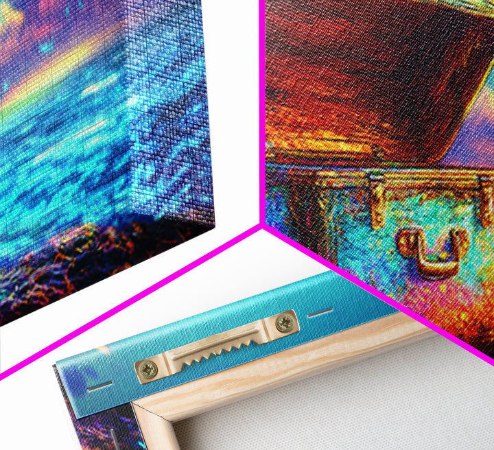 Open Treasure Chest On Neon Beach Canvas Print, Coastal Wall Art, Fantasy Ocean Decor, Beach House Decor, Housewarming Gift