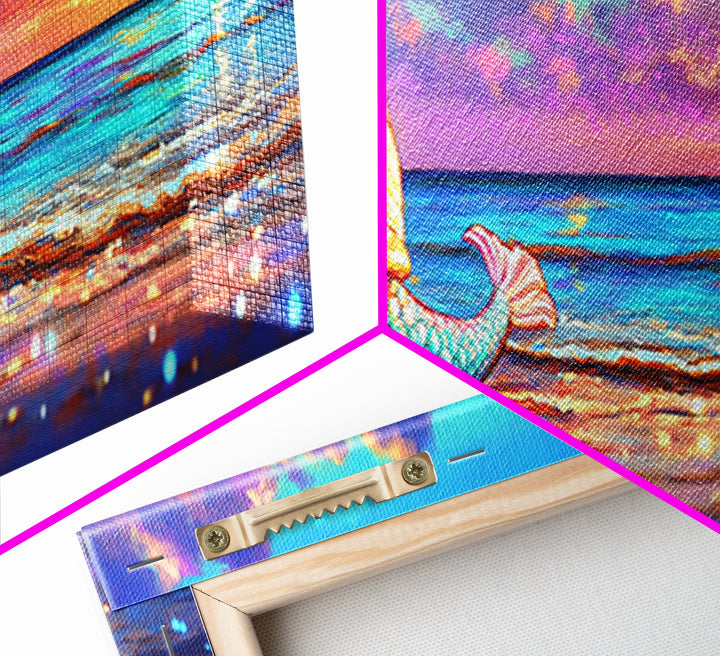 Glowing Seashell Mermaid Tail Wall Art, Coastal Canvas Print, Beach House Decor, Ocean Sunset Art For Nautical Nursery Room
