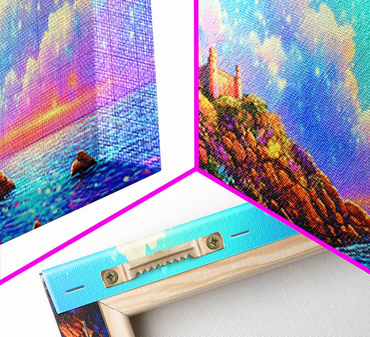 Sunlit Coastal Cliff Wall Art, Ocean Landscape Canvas Print, Beach House Decor, Mediterranean Travel Poster For Living Room