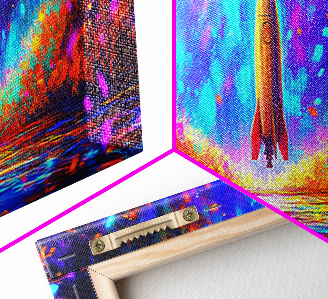 Rocket Launch Through Neon Forest Canvas Print, Futuristic Space Wall Art, Sci Fi Room Decor, Adventure Poster Gift For Him