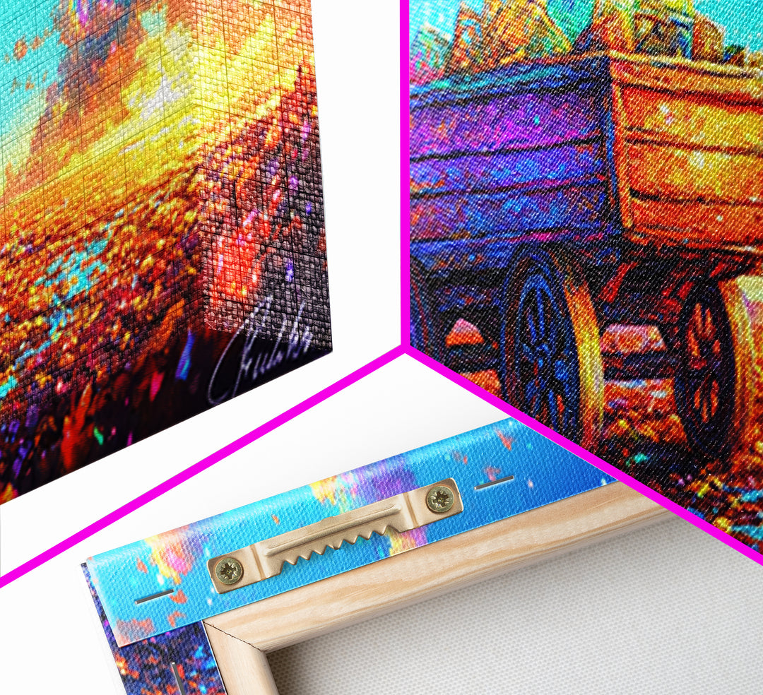 Rustic Wooden Wagon At Sunset Canvas Print, Colorful Country Landscape Art, Farmhouse Wall Decor And Housewarming Gift Idea