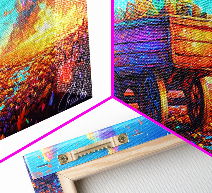 Rustic Wooden Wagon At Sunset Canvas Print, Colorful Country Landscape Art, Farmhouse Wall Decor And Housewarming Gift Idea