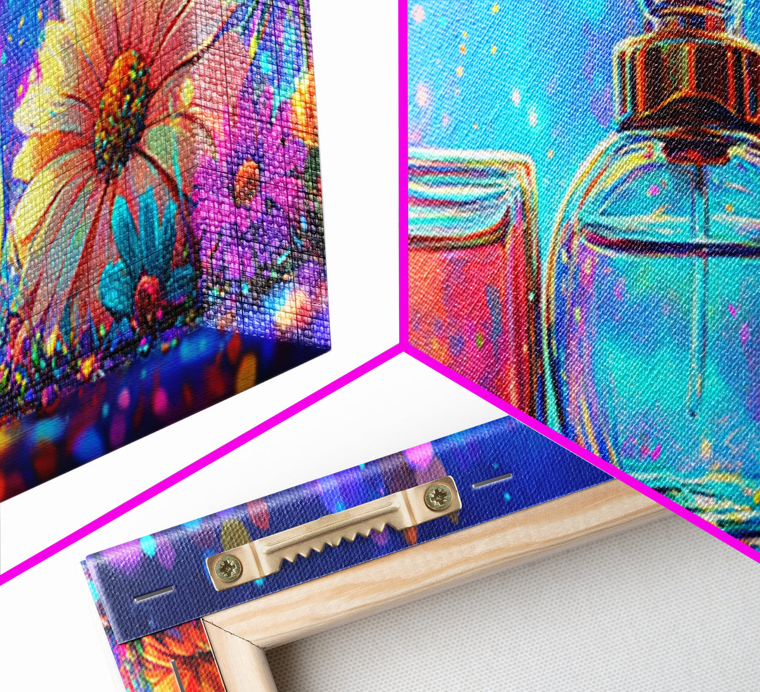Glowing Perfume Bottles And Daisy Flowers Framed Canvas Print, Feminine Wall Art, Beauty Room Decor, Gift For Her, Vanity Decor