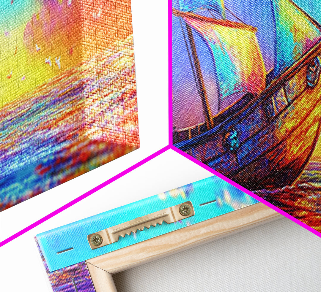 Colorful Fantasy Sailboat At Sunset Canvas Print, Nautical Coastal Wall Art, Ocean Landscape Decor, Beach House Gift Idea