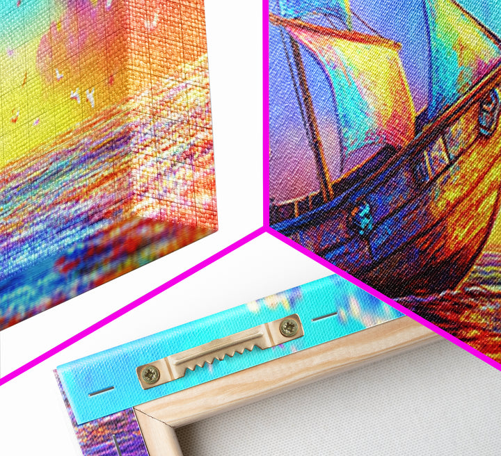 Colorful Fantasy Sailboat At Sunset Canvas Print, Nautical Coastal Wall Art, Ocean Landscape Decor, Beach House Gift Idea