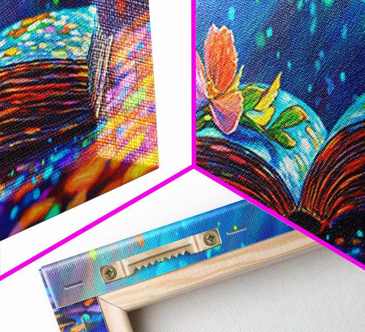 Magical Open Book With Flower Wall Art, Literary Canvas Print, Book Lover Decor, Cozy Library Reading Nook Decor Gift For Her