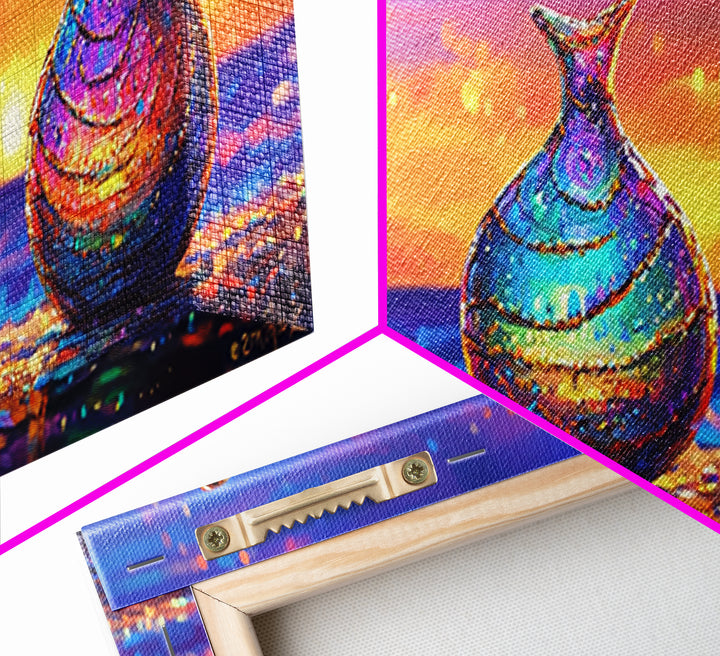 Iridescent Glass Vases At Ocean Sunset Framed Canvas Print, Coastal Wall Art, Colorful Still Life, Beach House Decor Gift
