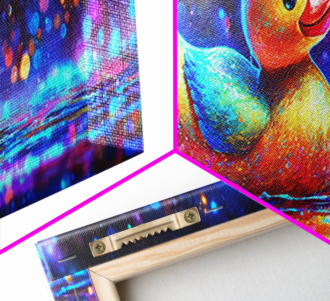 Rainbow Rubber Duck On Sparkling Water Wall Art, Whimsical Bathroom Decor, Kids Room Art, Cute Animal Canvas Print, Gift For Kids