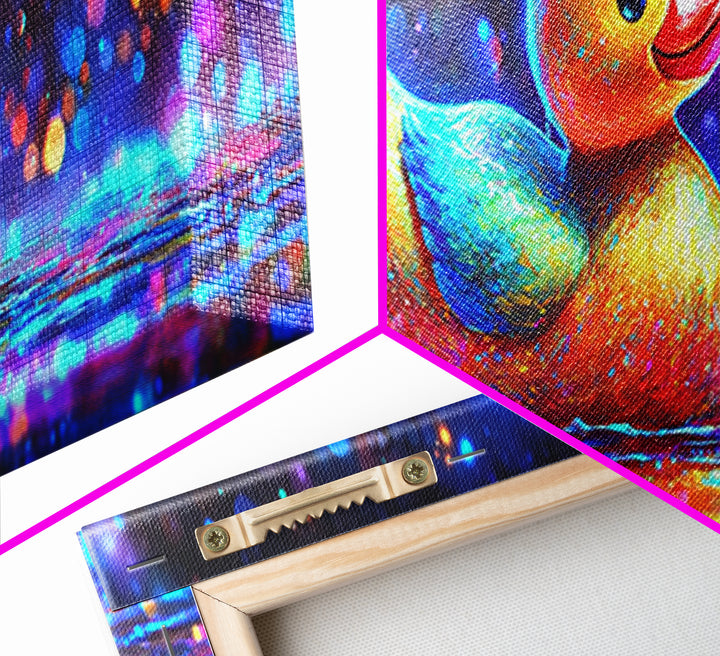 Rainbow Rubber Duck On Sparkling Water Wall Art, Whimsical Bathroom Decor, Kids Room Art, Cute Animal Canvas Print, Gift For Kids