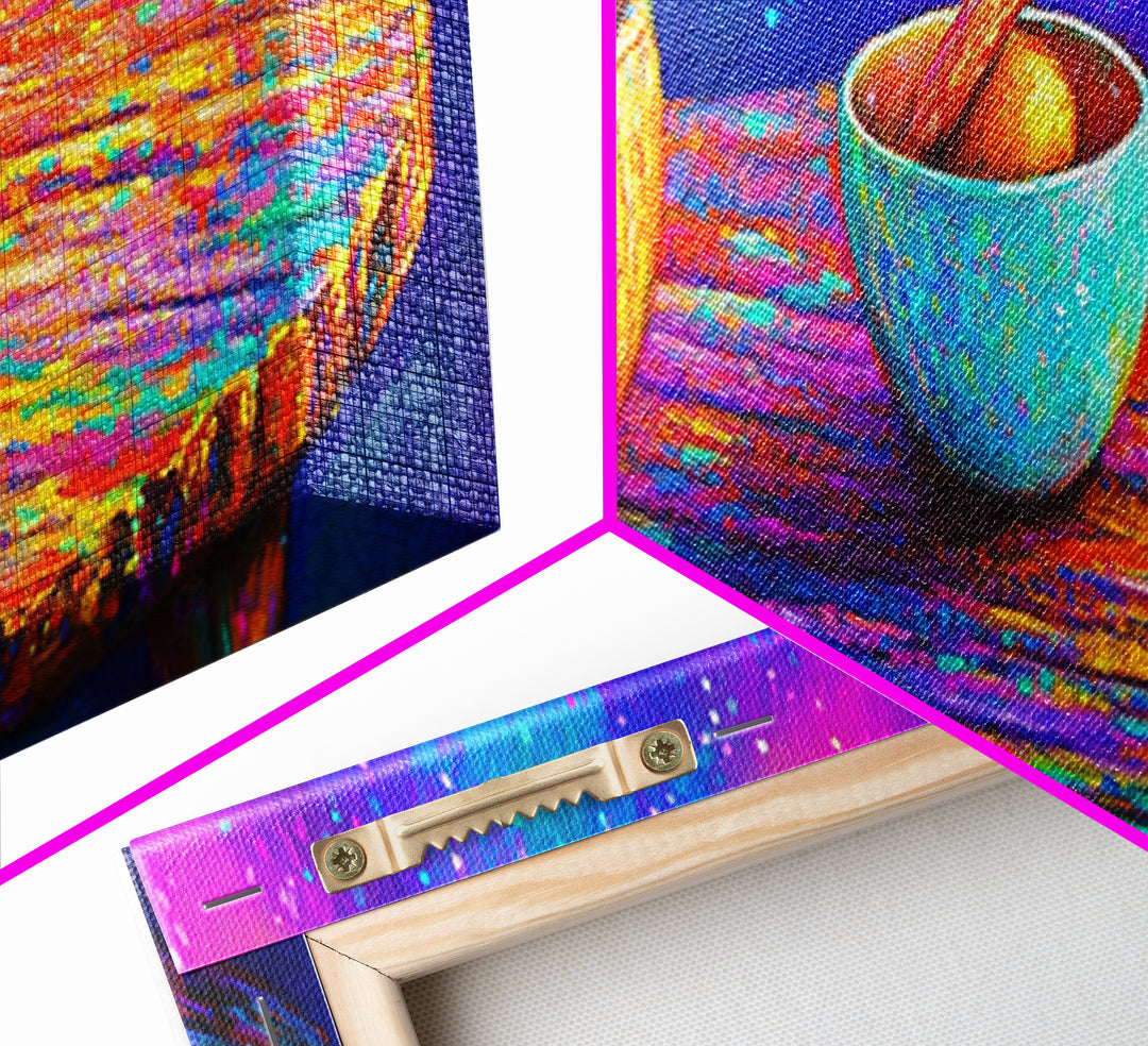 Rainbow Wooden Table And Bowls Canvas Print, Colorful Still Life Wall Art, Modern Kitchen Decor, Dopamine Dining Room Print