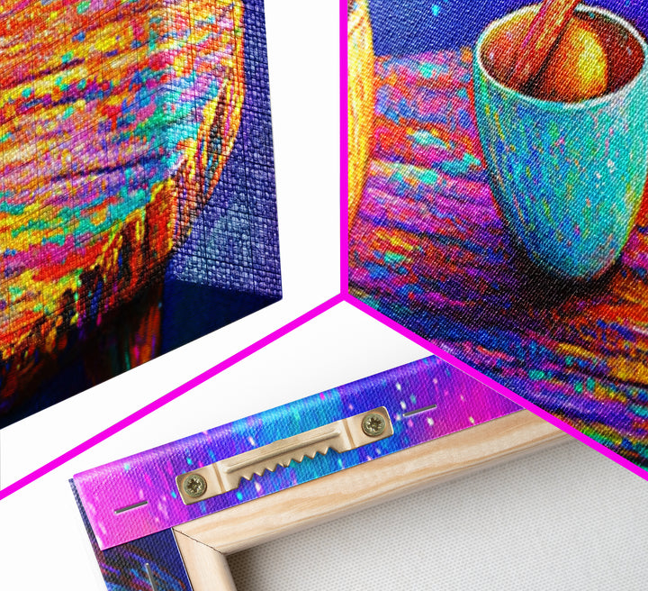 Rainbow Wooden Table And Bowls Canvas Print, Colorful Still Life Wall Art, Modern Kitchen Decor, Dopamine Dining Room Print