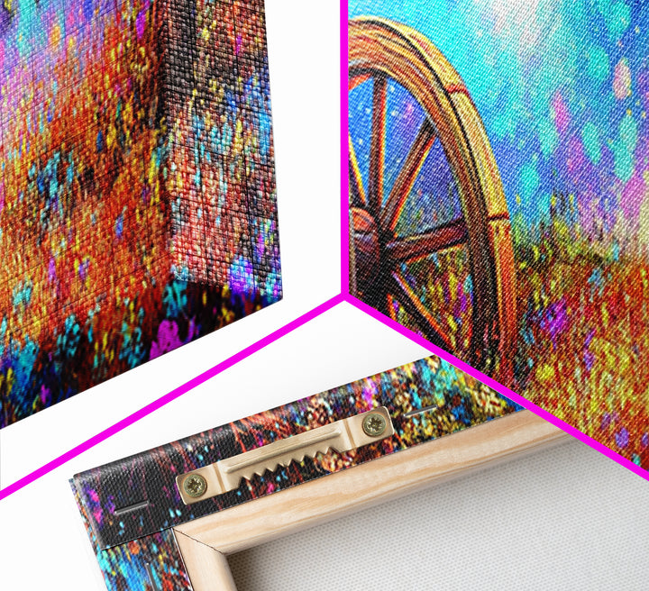 Starry Meadow Wagon Wheels Framed Canvas Print, Rustic Country Wall Art, Whimsical Landscape Decor, Farmhouse Home Gift