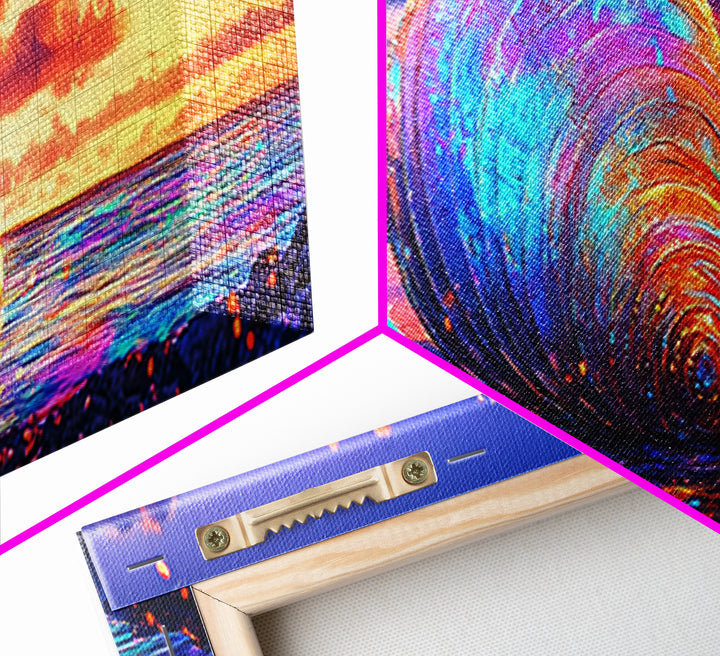 Giant Iridescent Seashell At Ocean Sunset Wall Art, Coastal Canvas Print For Beach House Living Room Decor And Nautical Gift