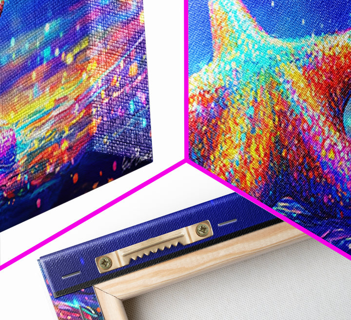 Rainbow Starfish In Moonlit Surf Canvas Print, Coastal Wall Art, Ocean Seascape Decor, Beach House Gift For Her, Summer Decor