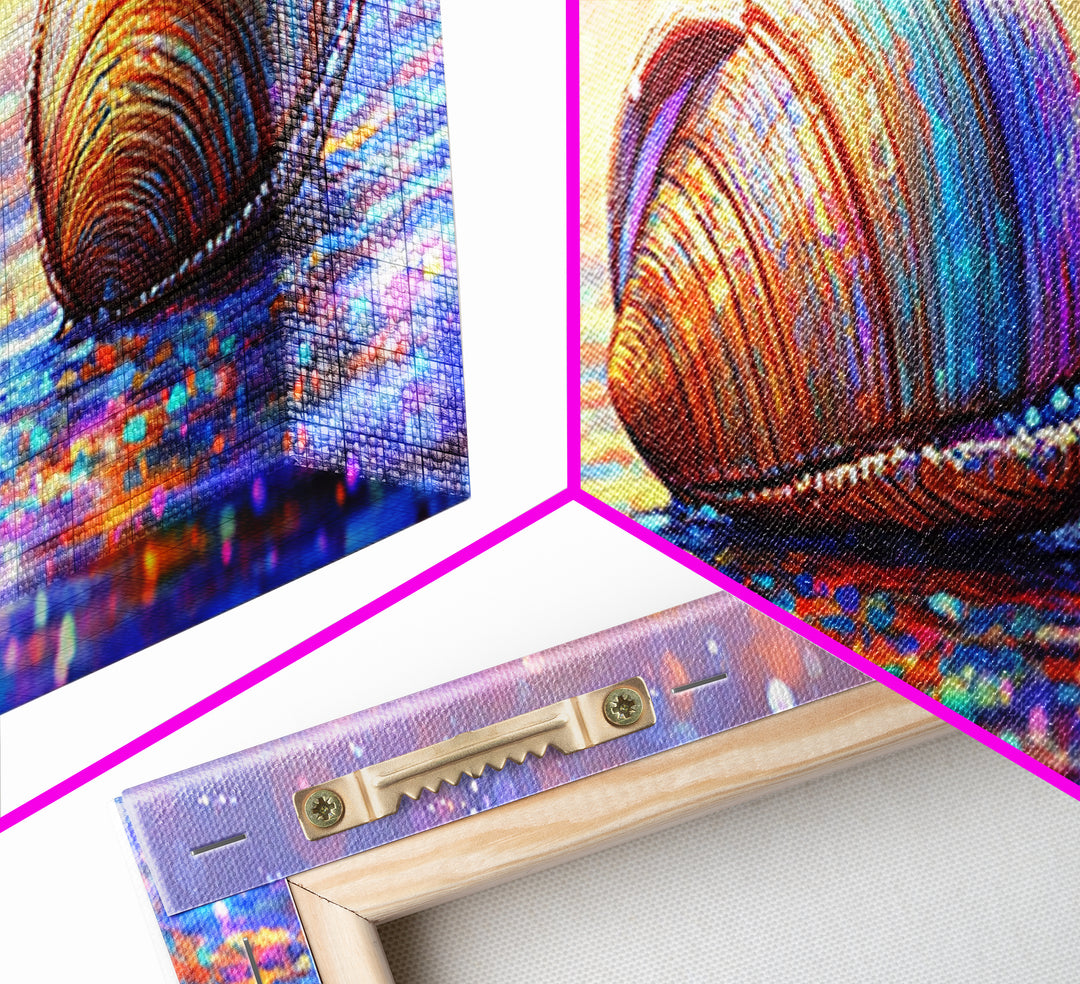 Iridescent Seashells On Sparkling Shore Wall Art, Coastal Canvas Print, Beach House Decor, Ocean Lover Gift For Her Home