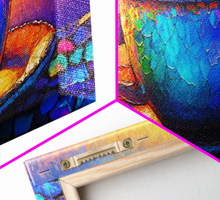 Textured Blue Teacup On Mosaic Saucer Canvas Print, Coffee Art, Kitchen Wall Art, Colorful Wall Art, Cozy Cafe Home Decor