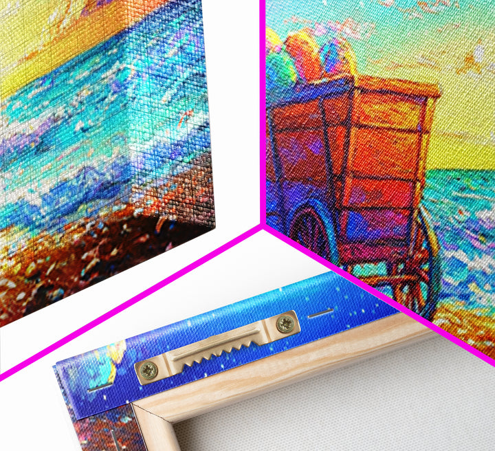 Wooden Wagon On Sunset Beach Framed Canvas Print, Coastal Wall Art, Ocean Painting, Beach House Decor, Seascape Art, Summer Home Decor