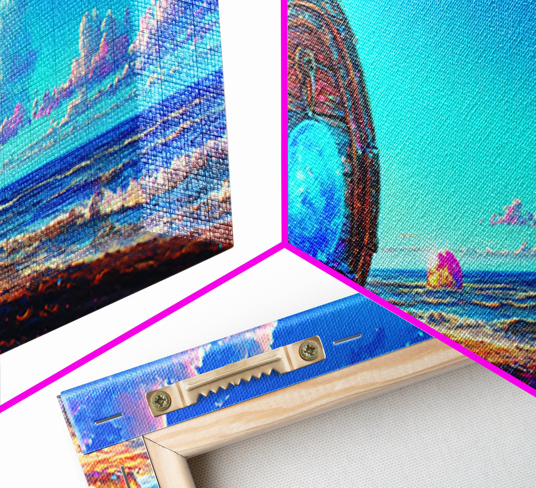 Glowing Barrel On Dreamy Seashore Framed Canvas Print, Coastal Wall Art, Beach House Decor, Surreal Ocean Wall Art, Nautical Decor