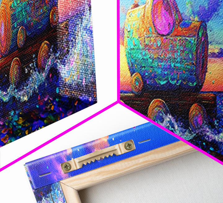 Whimsical Toy Train Rolling Through Ocean Waves Wall Art, Colorful Coastal Decor, Fantasy Nursery Art, Playroom Canvas Print