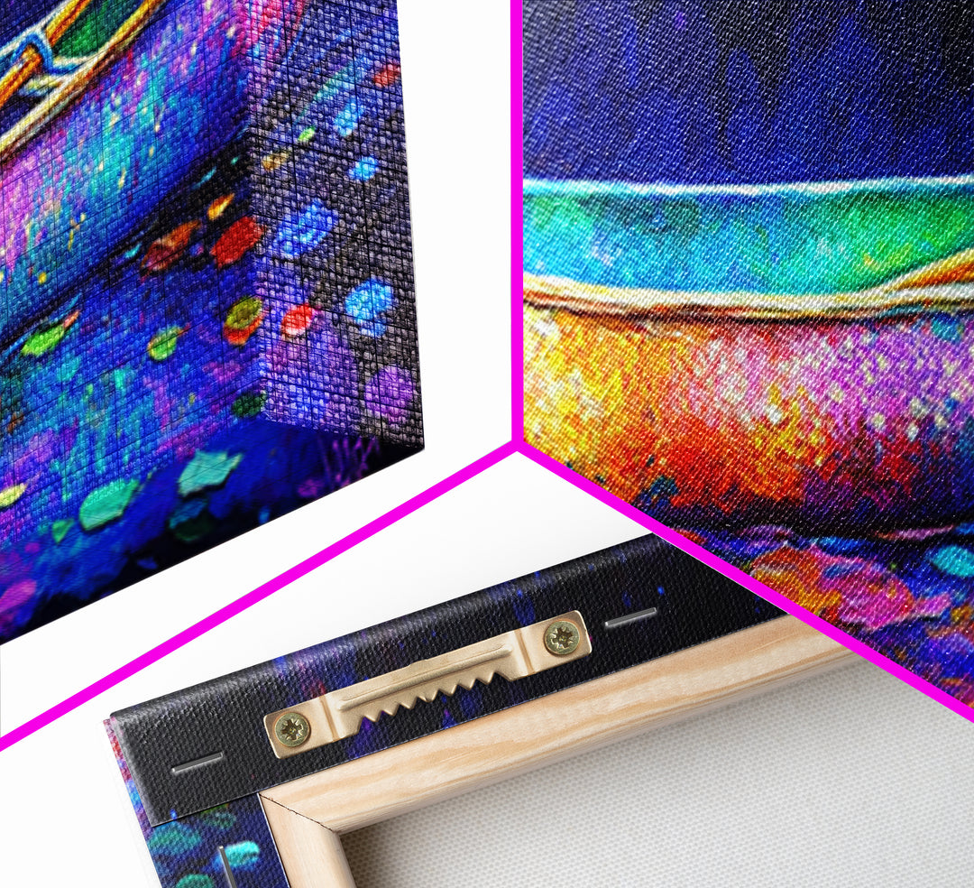 Rainbow Canoe Floating Under Starry Night Canvas Print, Nautical Wall Art, Colorful Coastal Decor, Lake House Statement Art