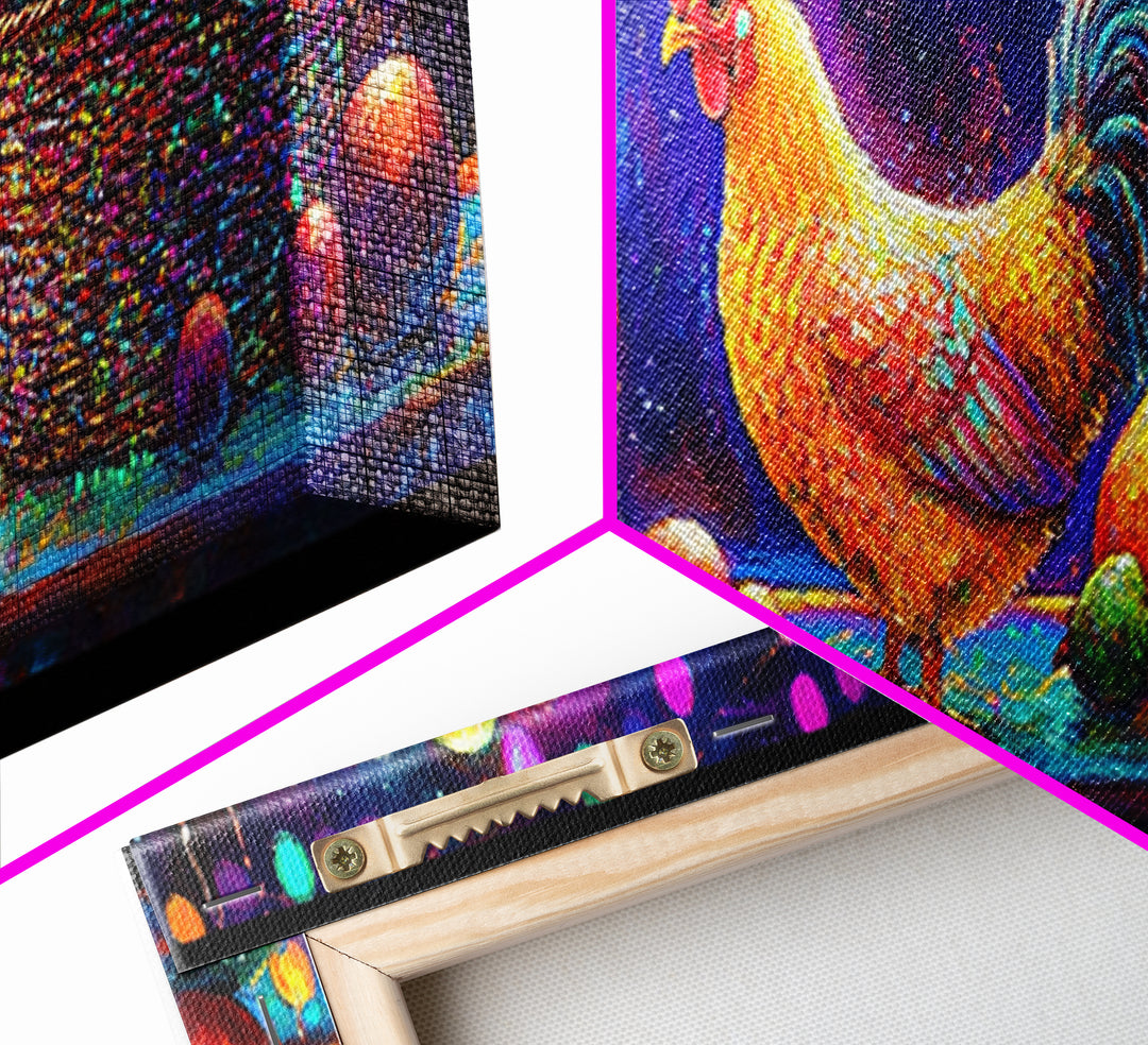 Colorful Roosters And Hen With Fruit Basket Canvas Print, Farmhouse Kitchen Wall Art, Chicken Art, Rustic Home Decor Gift