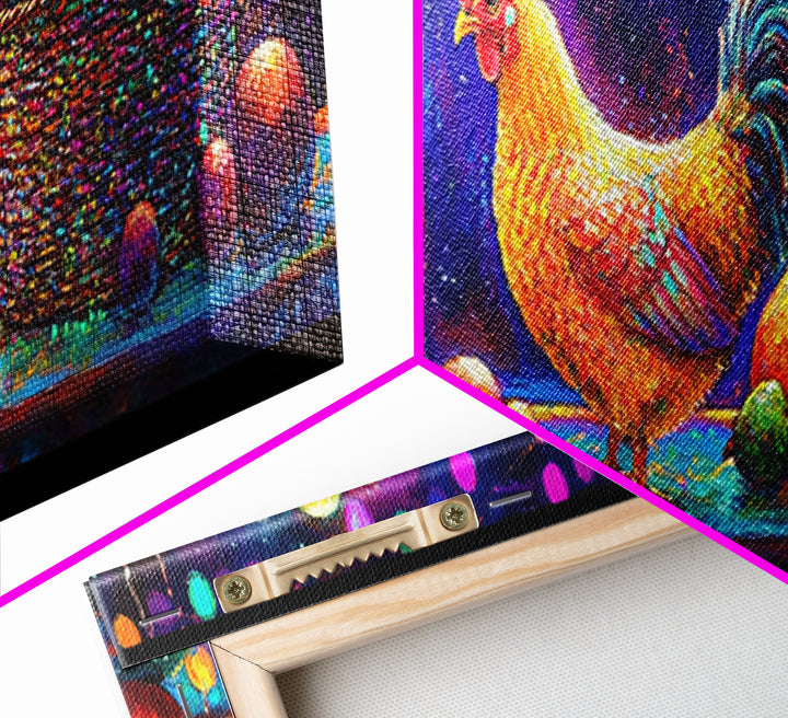 Colorful Roosters And Hen With Fruit Basket Canvas Print, Farmhouse Kitchen Wall Art, Chicken Art, Rustic Home Decor Gift