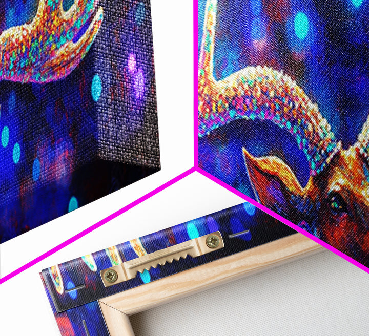 Rainbow Moose Antlers With Neon Bokeh Canvas Print, Wildlife Wall Art, Colorful Lodge Decor, Rustic Nature Housewarming Gift