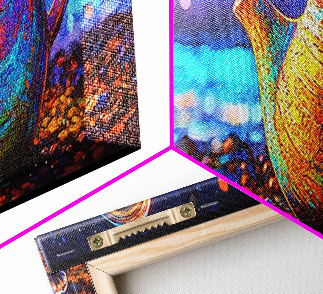 Iridescent Ceramic Pitcher Under Starry Lights Framed Canvas Print, Colorful Kitchen Wall Art, Modern Home Decor, Unique Gift