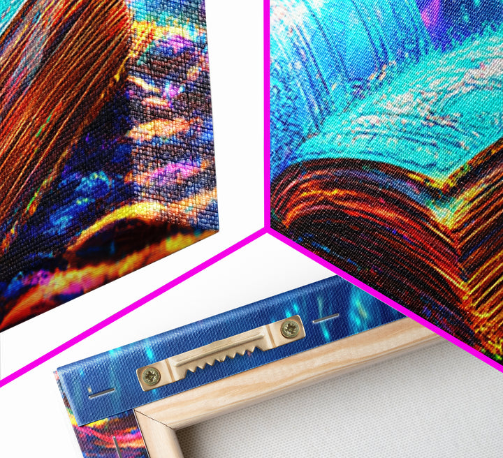Glowing Open Book With Magical Blue Light Wall Art, Fantasy Library Canvas Print, Book Lover Decor, Dark Academia Gift For Readers
