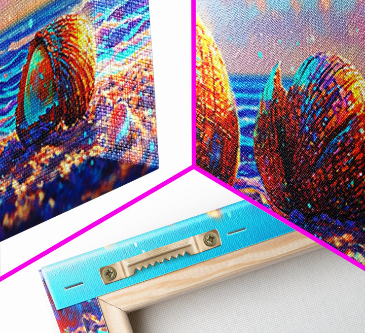 Rainbow Seashells On Sunny Beach Canvas Print, Coastal Wall Art, Ocean Decor, Beach House Nautical Living Room Decor Gift For Her