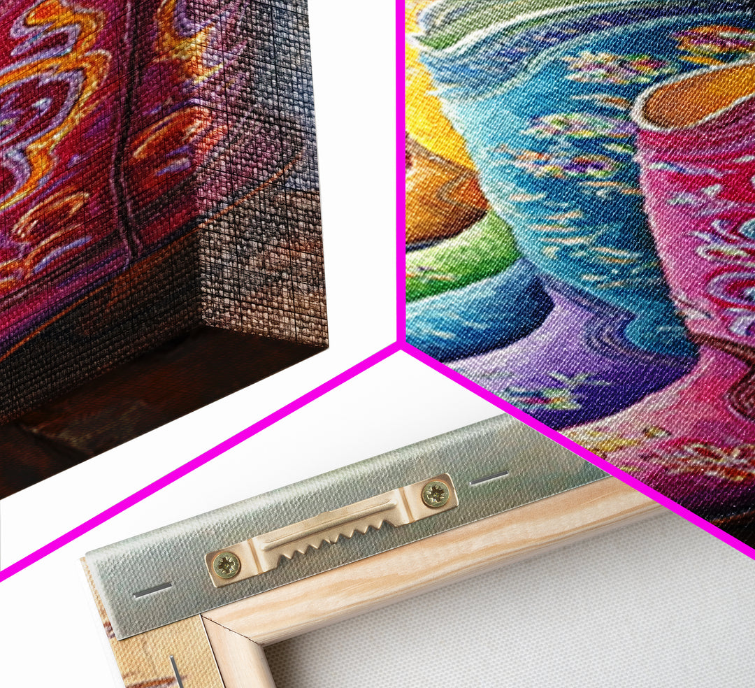Rainbow Row Of Floral Cowboy Boots Framed Canvas Print, Western Cowgirl Wall Art, Maximalist Ranch Home Decor, Gift For Her