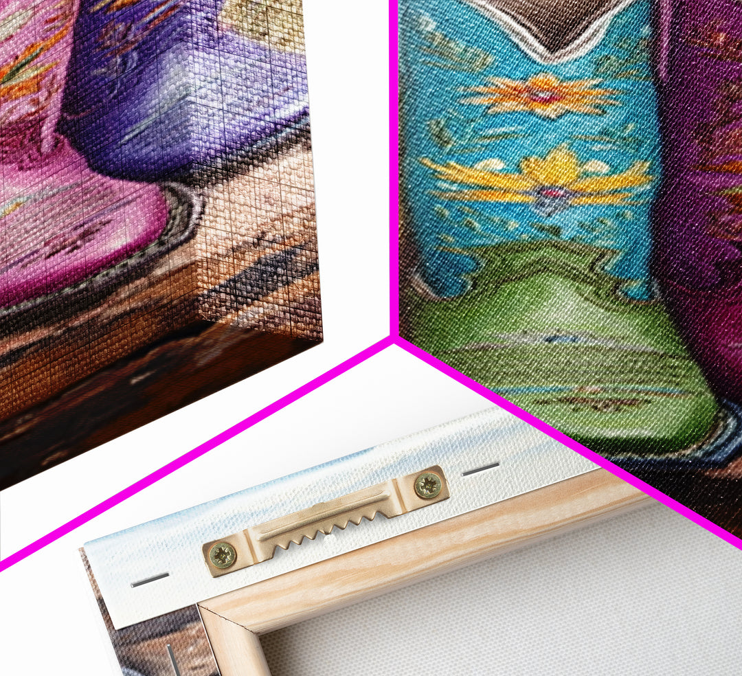 Bright Cowboy Boots In Desert Landscape Wall Art, Western Cowgirl Canvas Print, Southwestern Ranch Home Decor Gift For Living Room