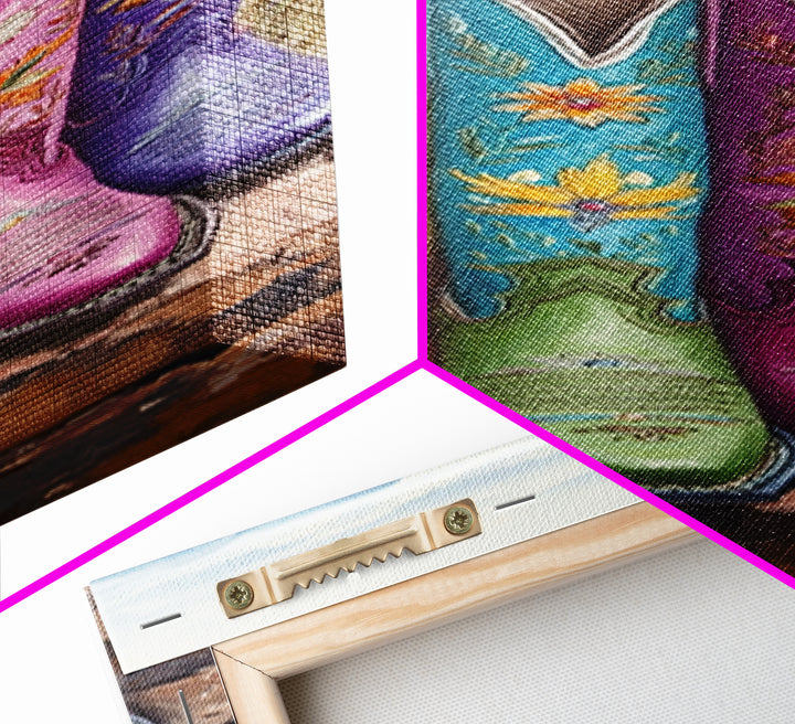Bright Cowboy Boots In Desert Landscape Wall Art, Western Cowgirl Canvas Print, Southwestern Ranch Home Decor Gift For Living Room