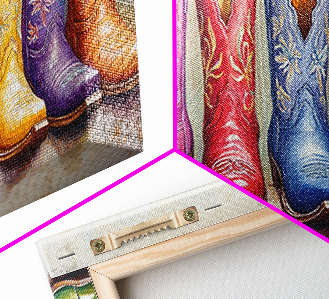 Bright Embroidered Cowboy Boots Wall Art, Western Cowgirl Canvas Print For Boho Bedroom Decor And Rustic Ranch Home Decor