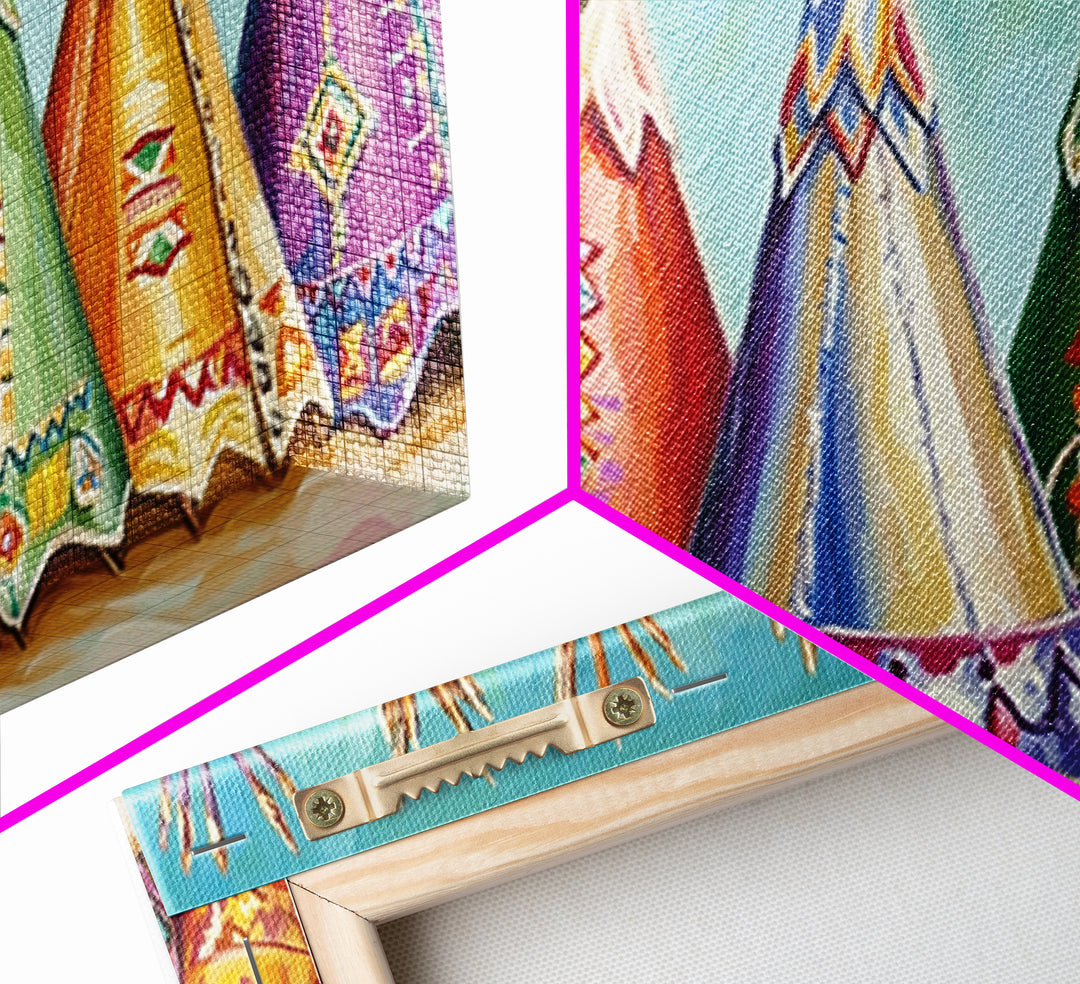 Colorful Painted Teepees Wall Art, Southwestern Nursery Decor, Native Inspired Western Canvas, Boho Kids Room Housewarming Gift