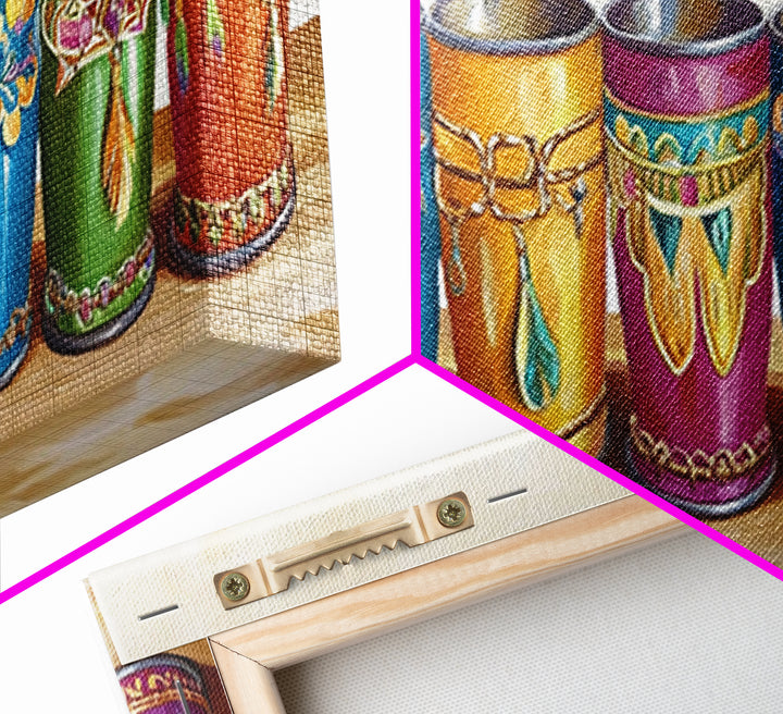 Boho Southwestern Painted Tin Cups Wall Art, Colorful Western Kitchen Decor, Rustic Ranch Canvas Art, Unique Housewarming Gift