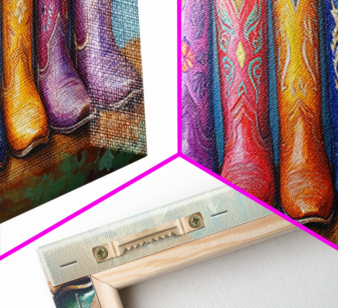 Colorful Row Of Western Cowgirl Boots Canvas Print, Embroidered Cowboy Wall Decor, Boho Ranch Living Room Housewarming Gift