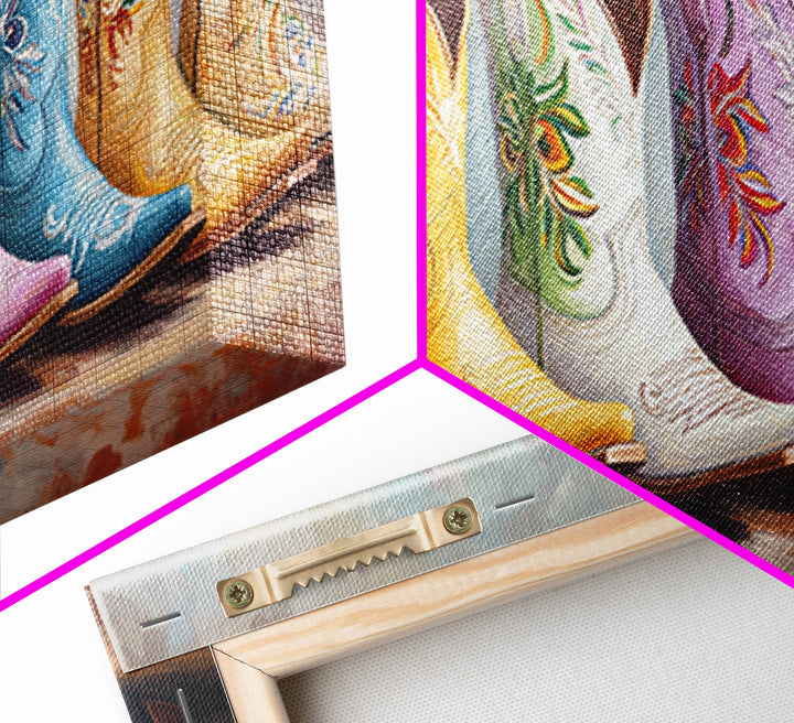 Glossy Colorful Cowgirl Boots Wall Art, Western Home Decor, Rustic Farmhouse Canvas Print, Statement Living Room Art Gift