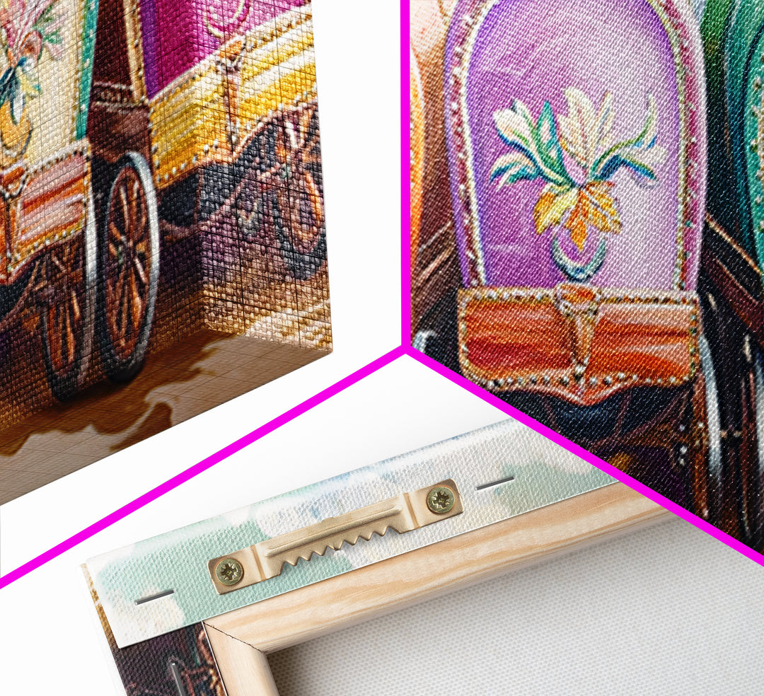 Colorful Painted Gypsy Wagon Framed Canvas Print, Western Wall Art, Boho Cowgirl Decor, Rustic Farmhouse Living Room Gift