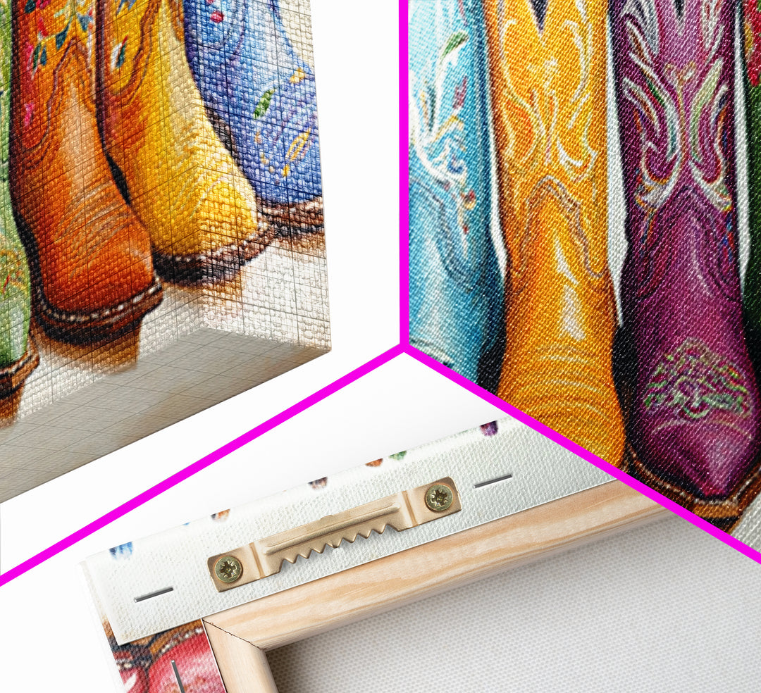 Vibrant Embroidered Cowboy Boots Wall Art, Western Cowgirl Decor, Rustic Farmhouse Canvas Print, Colorful Living Room Art